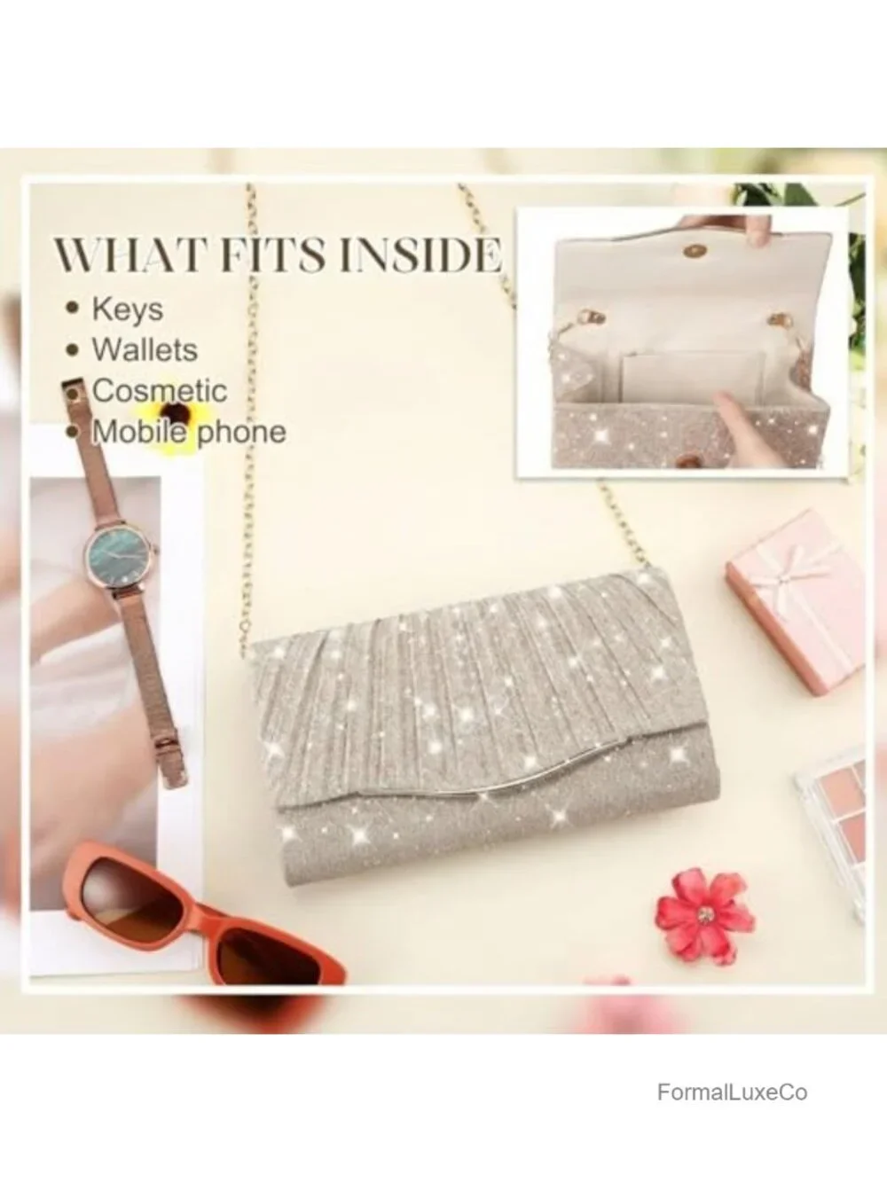 Sparkly Evening Clutch with Detachable Chain Strap for Weddings Proms Cocktail